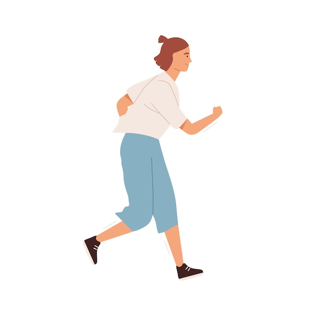 Smiling active woman jogging vector flat illustration. Happy female in sportswear enjoying morning running or daily physical activity isolated on white. Athletic person doing cardio sports training.