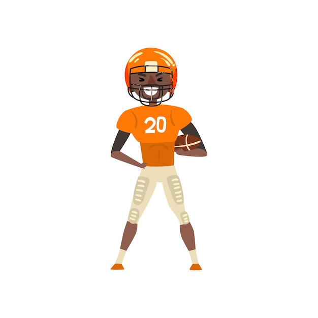 Smiling American football player wearing uniform standing with ball vector Illustration isolated on a white background