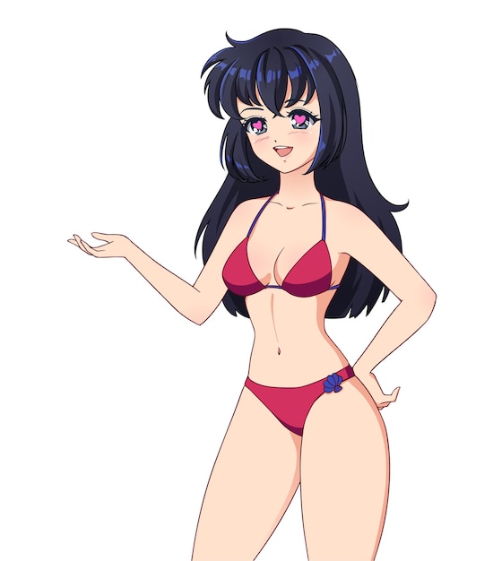 Smiling anime manga girl with black hair wearing pink swimsuit isolated on white background. Empty space for banner text