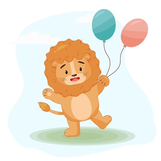 Smiling Baby Lion with Birthday Balloons and background Vector Kids Illustration