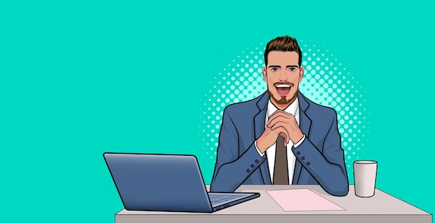 Smiling bearded businessman sitting at table with laptop Pop Art Comic Style