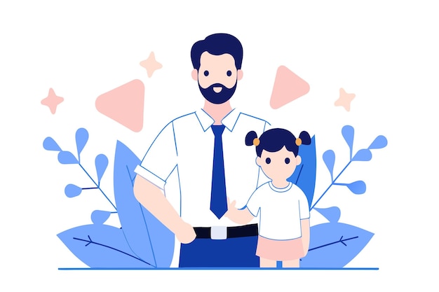 Smiling bearded father holding his little daughters hand with decorative plants around them