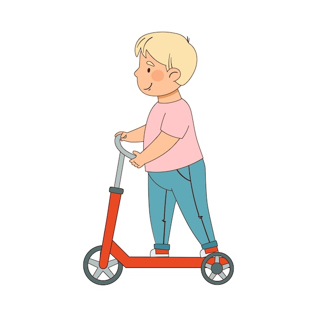 Vector smiling blond boy riding kick scooter enjoying outdoor activity vector illustration