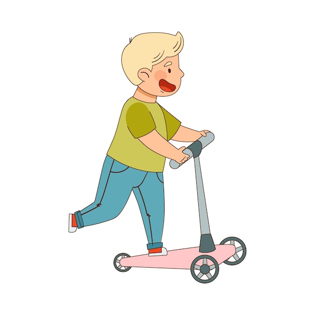 Vector smiling blond boy riding kick scooter enjoying outdoor activity vector illustration