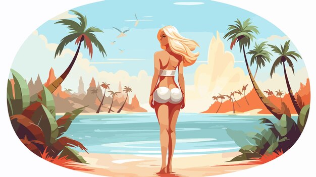 Vector smiling blonde woman standing on tropical beach