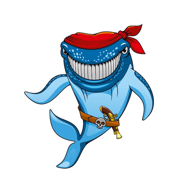 Smiling blue whale pirate cartoon character wearing in red bandanna and belt with jolly roger buckle and pistol, for mascot or childish design