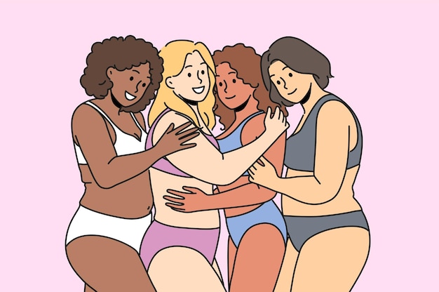 Smiling body positive women in underwear hug