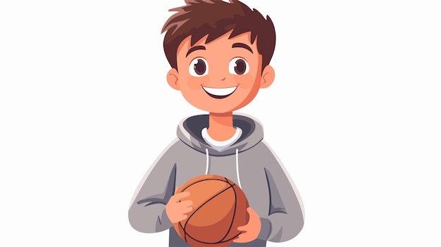 Smiling Boy in Gray Hoodie Holding a Ball