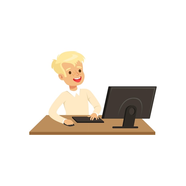 Smiling boy using computer informatics lesson at school vector Illustration on a white background