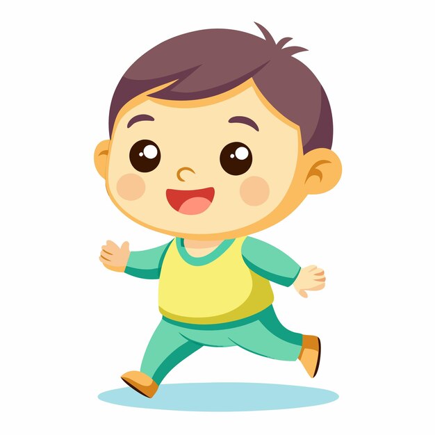 Vector a smiling boy wearing a yellow shirt and blue pants runs towards the left side of the frame