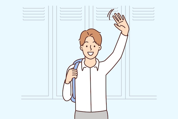 Smiling boy with backpack waving hello