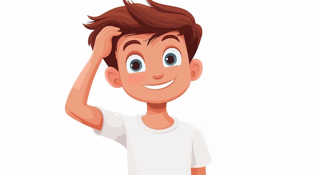 Smiling Boy with Hand in Hair Cartoon Portrait