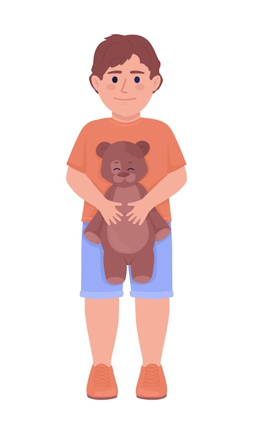 Smiling boy with teddy bear semi flat color vector character