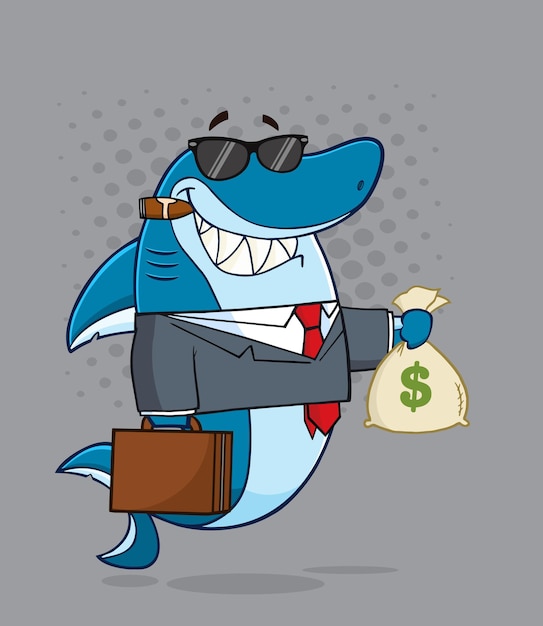 Smiling Business Boss Shark Character In Suit, Carrying A Briefcase And Holding A Money Bag