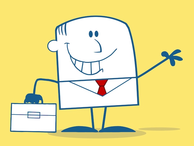 Smiling Businessman Waving Monochrome Cartoon Character On Yellow Background