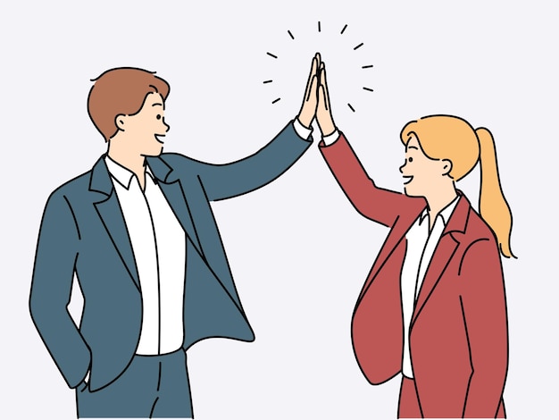 Smiling businesspeople give high five