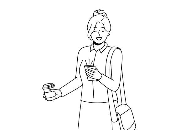 Smiling businesswoman with cellphone and takeaway coffee