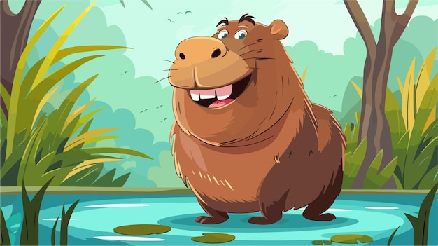 Smiling Capybara Cartoon Illustration for Adorable Animal Character Design