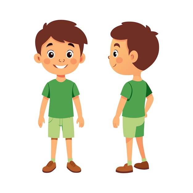 Smiling Cartoon Boy in Green Shirt Standing Front and Side