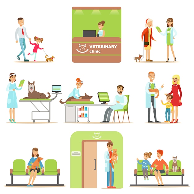 Smiling Cartoon Characters Bringing Their Pets For Vet Examination In Veterinary Clinic Collection Of Illustrations