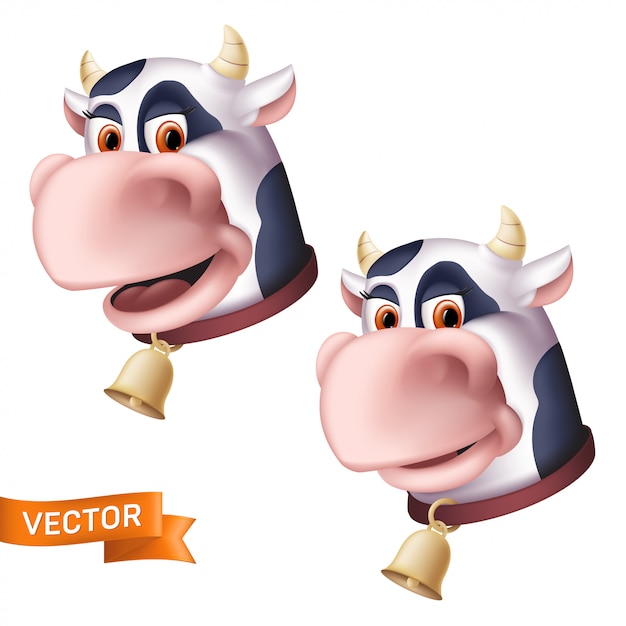 Smiling cartoon cow character head icons.  illustration of a horned domestic animal with a golden bell isolated on a white background.