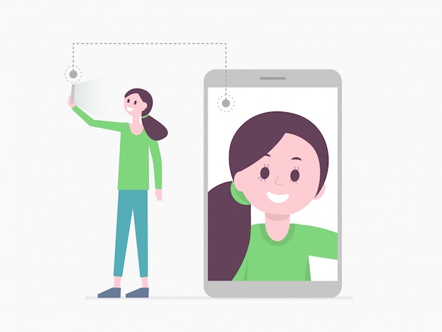 Smiling cartoon girl taking selfie