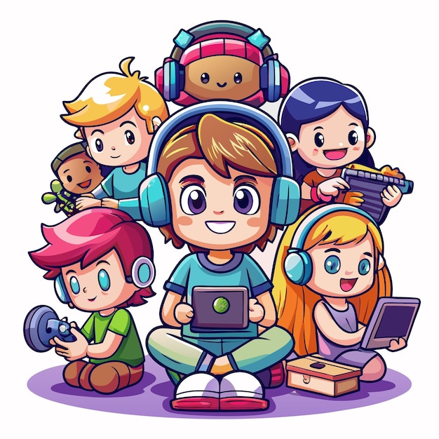 Vector smiling cartoon kids wearing headphones using tablet smartphone and music instrument