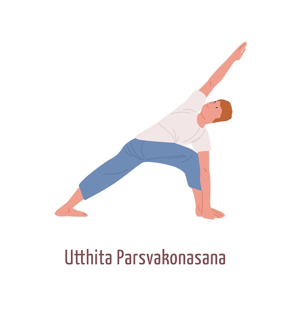 Smiling cartoon man demonstrating utthita parsvakonasana pose vector flat illustration. Male practicing Extended angle yoga position isolated on white. Colored character showing workout exercise.