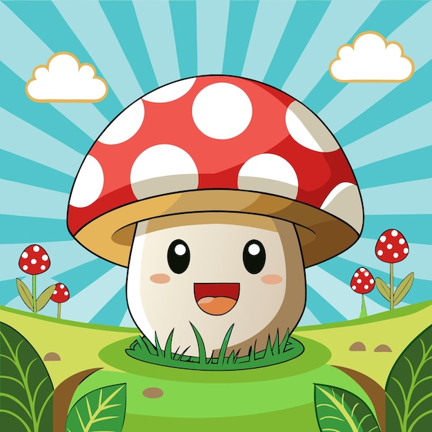 Vector a smiling cartoon mushroom with white dots on a red cap in a field of grass