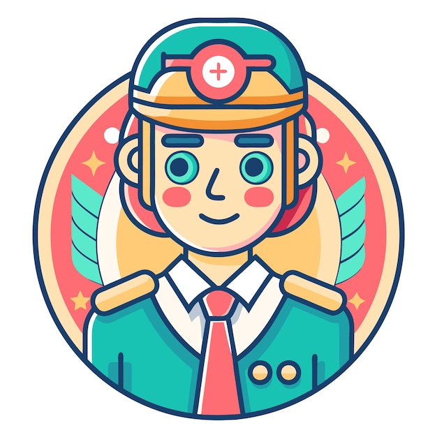 Smiling cartoon pilot with wings stars and a medical symbol on their helmet