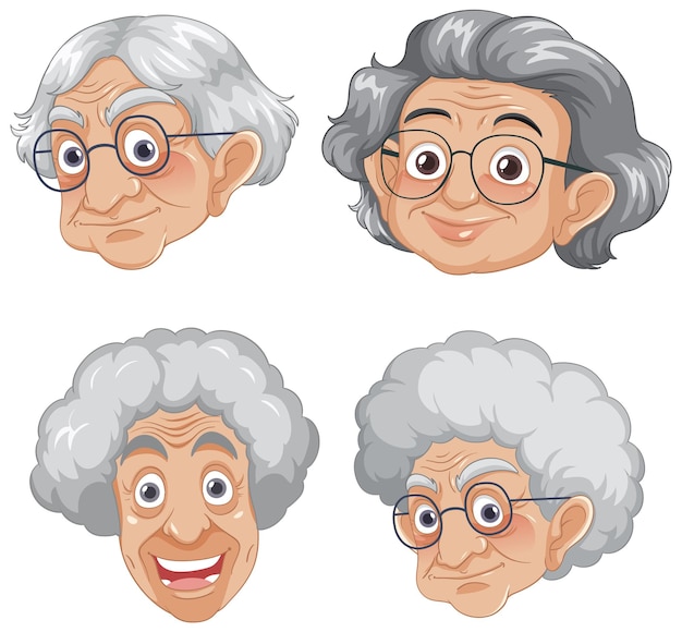 Smiling Cartoon Set of an Old Grandmother Wearing Glasses