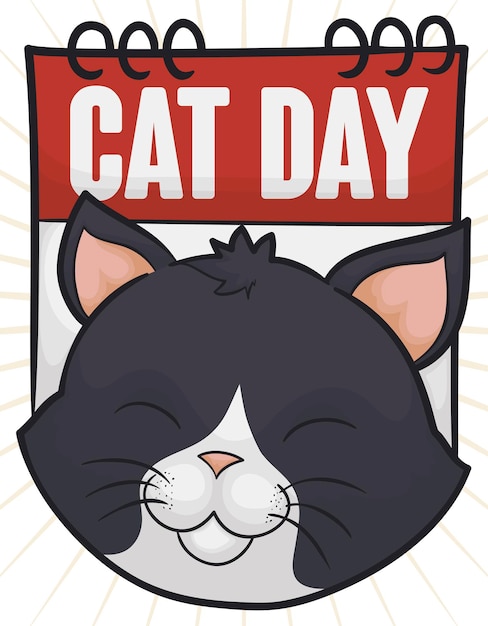 Vector smiling cat over a loose leaf calendar promoting the celebration of cat day