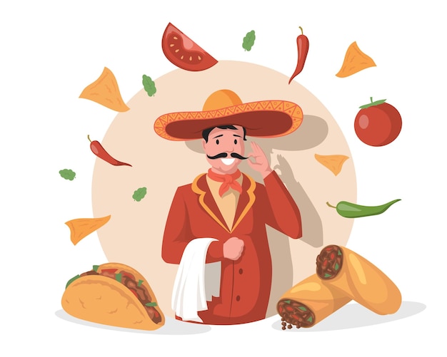 Smiling chef in big mexican hat sombrero vector flat illustration