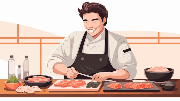 Smiling Chef Cooking Sushi at Kitchen Table Vector