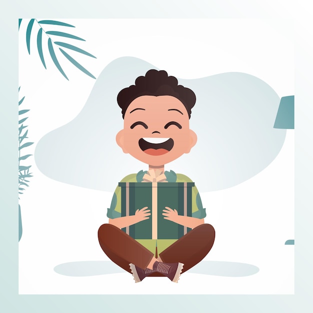 Smiling child boy sits in a lotus position and holds a box with a bow in his hands Holidays theme Vector illustration in cartoon style