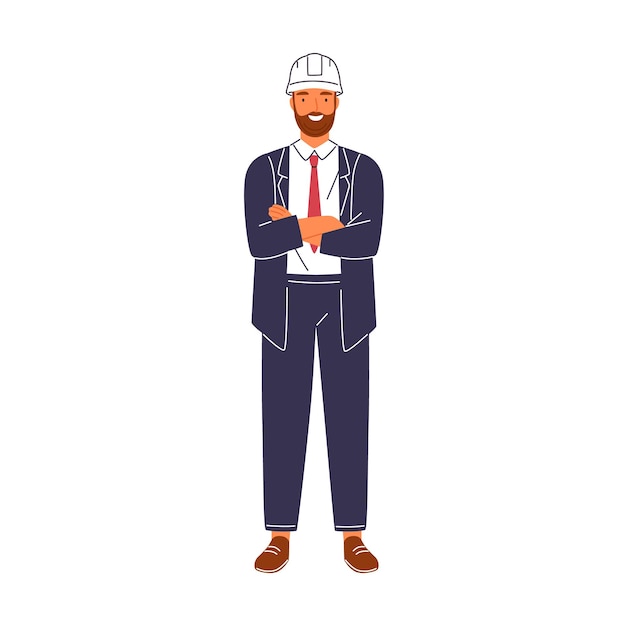 Smiling construction foreman in suit and hard hat vector flat illustration. Portrait of happy male architect or engineer isolated on white background. Friendly building executive or manager.