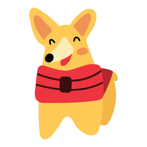 Smiling corgi wearing red safety jacket for swimming. Hand drawn vector icon illustration