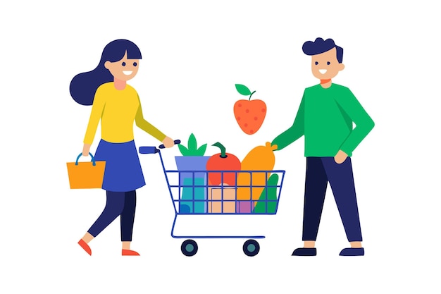 Smiling couple grocery shopping with a cart full of fresh fruits and vegetables