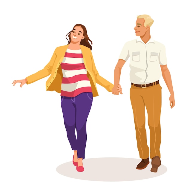 A smiling couple holding hands and walking vector illustration on a plain white background concept of relationship and happiness Vector illustration