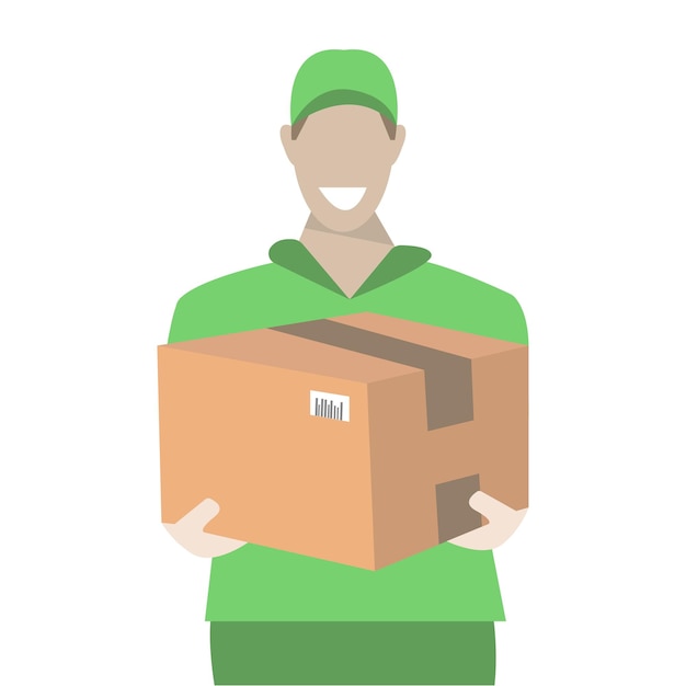 A smiling courier in a green uniform with package