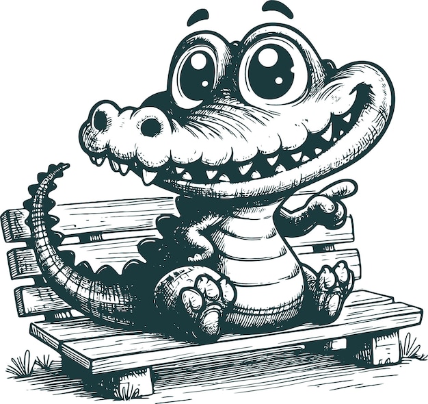 smiling crocodile sitting on a bench and pointing his finger to the side Graphic image