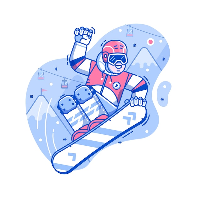 Smiling cross country snowboarder jumping on ski resort background. Freeride snowboard man character in motion concept scene. Mountain freestyle skier jump on snow hill.