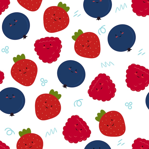 Smiling cute cartoon berries of rberry the funny kawaii vector background for kids the nice romantic wallpaper