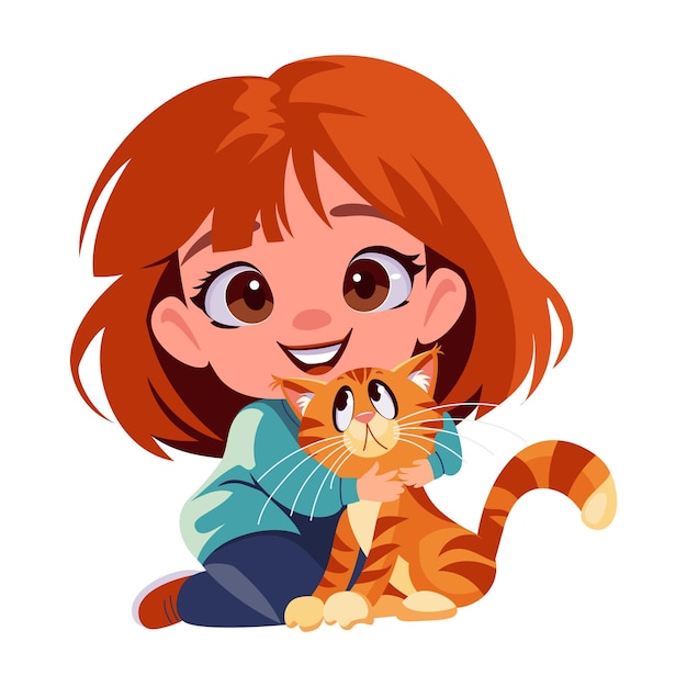 Smiling cute girl kid hugging happy ginger tabby cat cartoon flat vector isolated illustration