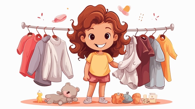 Vector smiling cute young girl selecting clothing in cartoon style