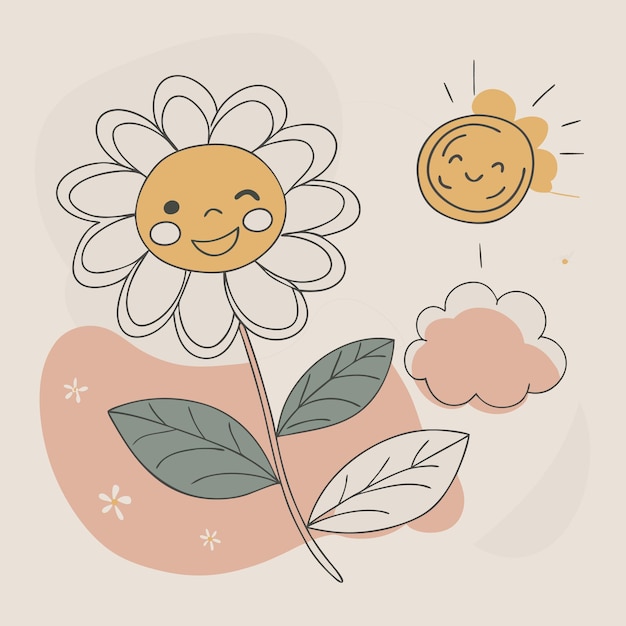 Vector smiling daisy flower sun and cloud illustration