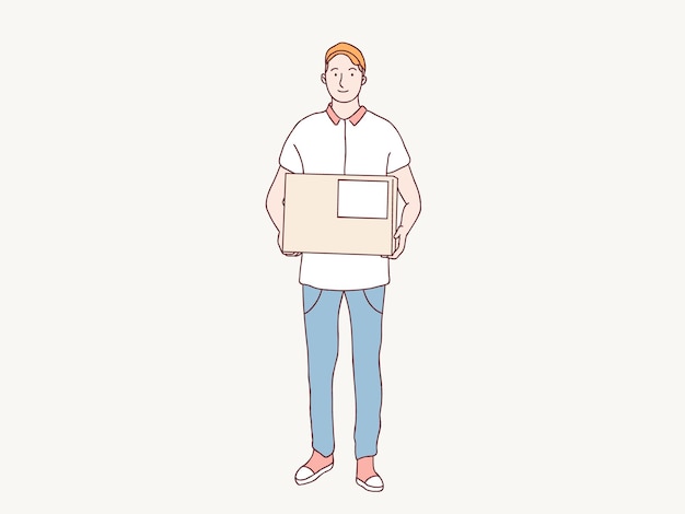 Smiling delivery courier hold package parcel box shipping service simple korean style illustration