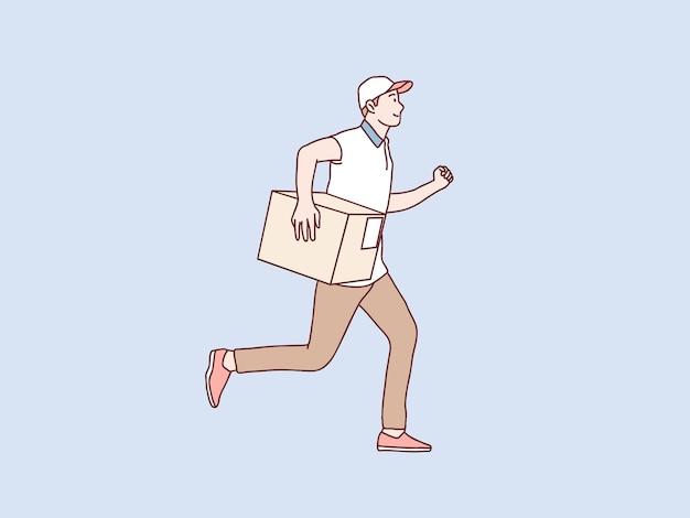 Smiling delivery courier running holding package parcel box shipping service simple korean style illustration