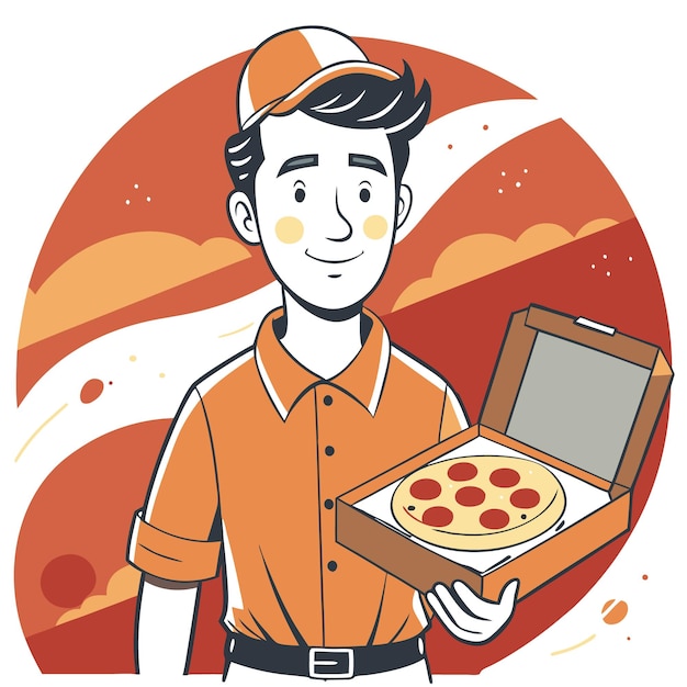 A smiling delivery man holds a pizza box