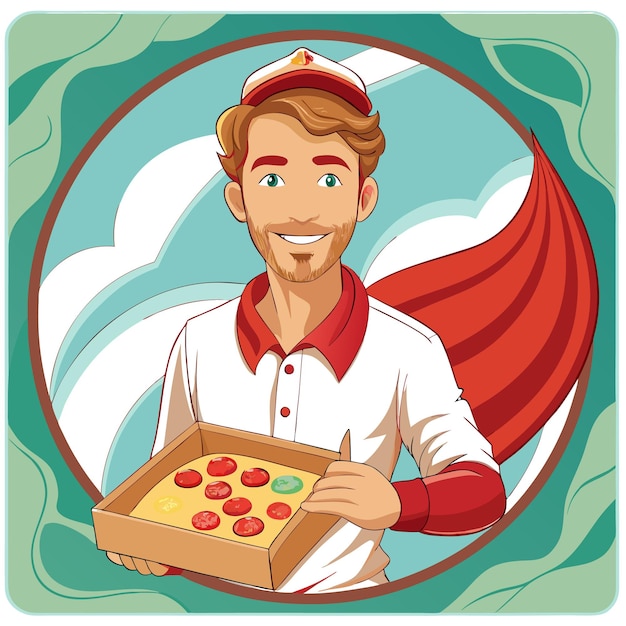 A smiling delivery man in a red cape holds a pizza box